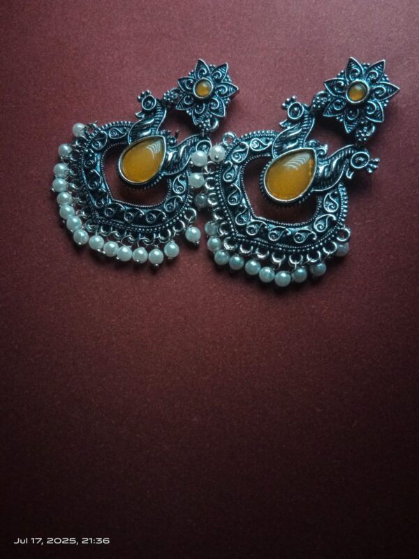 Antique Oxidized Silver Peacock Earrings with Yellow Stone & Pearls